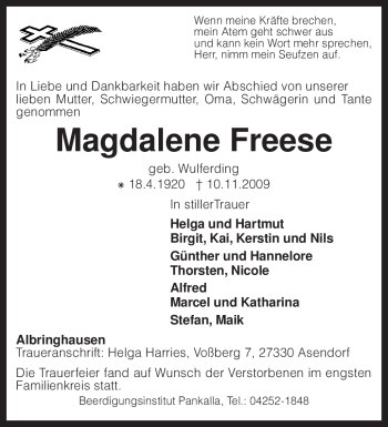 Traueranzeige von Magdalene Freese von KREISZEITUNG SYKE