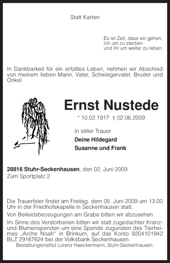 Traueranzeige von Ernst Nustede von KREISZEITUNG SYKE