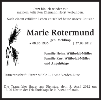 Traueranzeige von Marie Rotermund von KREISZEITUNG SYKE