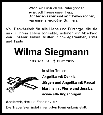 Traueranzeige von Wilma Siegmann von KRZ