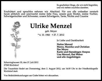 Traueranzeige von Ulrike Menzel von KREISZEITUNG SYKE