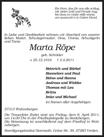 Traueranzeige von Marta Röpe von KREISZEITUNG SYKE