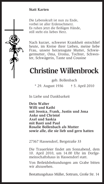 Traueranzeige von Christine Willenbrock von KREISZEITUNG SYKE