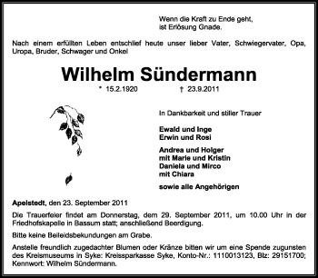 Traueranzeige von Wilhelm Sündermann von KREISZEITUNG SYKE