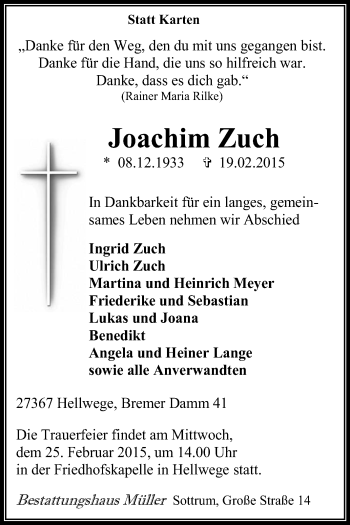 Traueranzeige von Joachim Zuch von KRZ