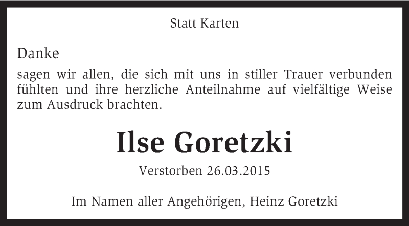  Traueranzeige für Ilse Goretzki vom 02.05.2015 aus KRZ