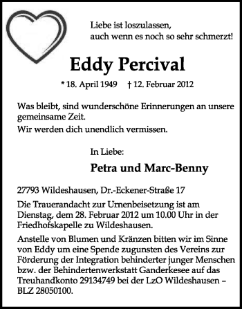 Traueranzeige von Eddy Percival von KREISZEITUNG SYKE