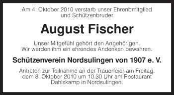 Traueranzeige von August Fischer von KREISZEITUNG SYKE