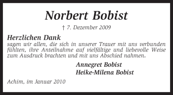 Traueranzeige von Norbert Bobist von KREISZEITUNG SYKE