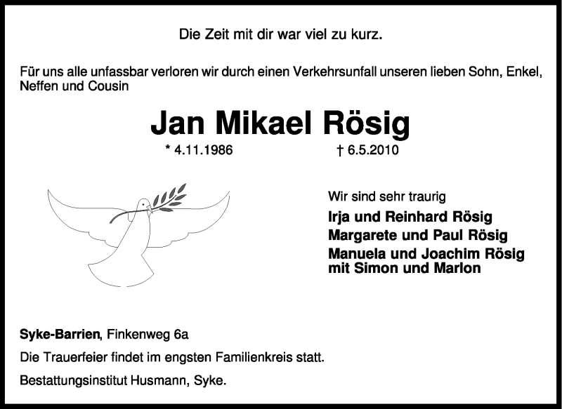  Traueranzeige für Jan Mikael Rösig vom 08.05.2010 aus KREISZEITUNG SYKE