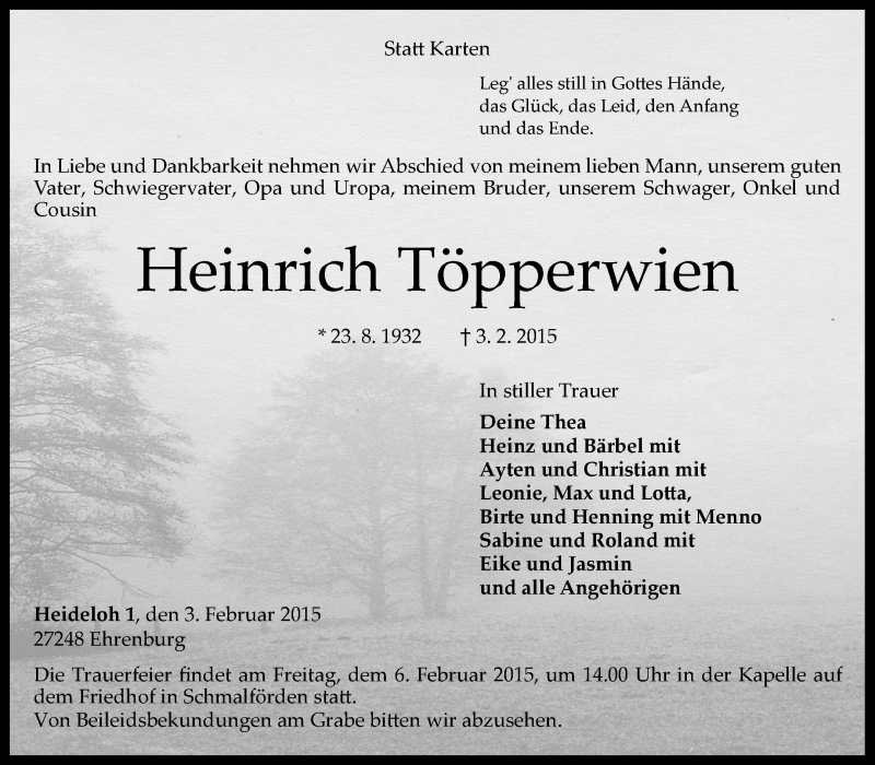  Traueranzeige für Heinrich Töpperwien vom 04.02.2015 aus KRZ