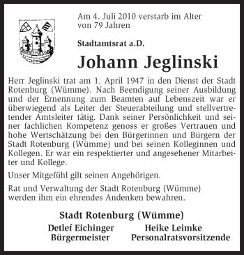 Traueranzeige von Johann Jeglinski von KREISZEITUNG SYKE