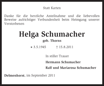 Traueranzeige von Helga Schumacher von KREISZEITUNG SYKE