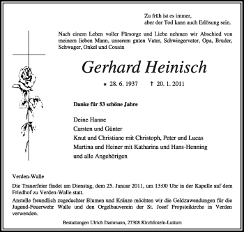 Traueranzeige von Gerhard Heinisch von KREISZEITUNG SYKE