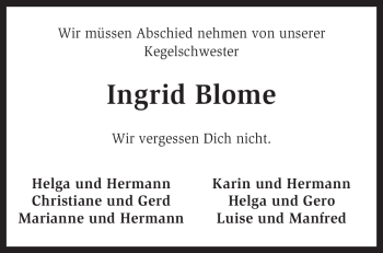 Traueranzeige von Ingrid Blome von KREISZEITUNG SYKE