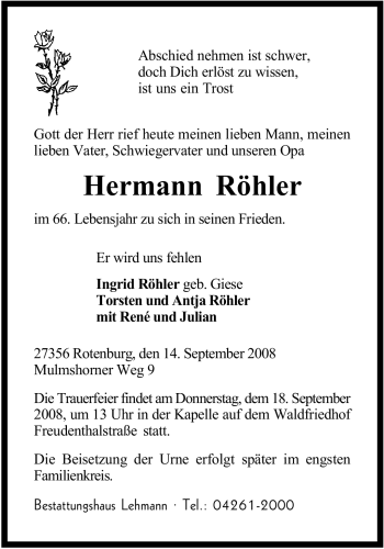 Traueranzeige von Hermann Röhler von KREISZEITUNG SYKE