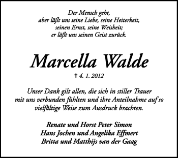 Traueranzeige von Marcella Walde von KREISZEITUNG SYKE