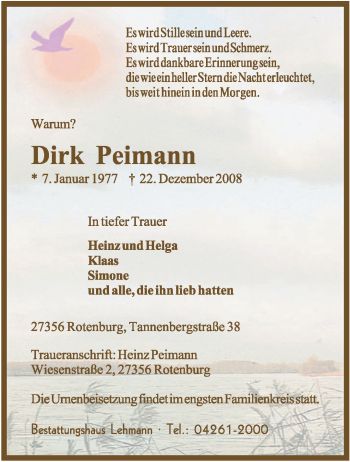 Traueranzeige von Dirk Peimann von KREISZEITUNG SYKE