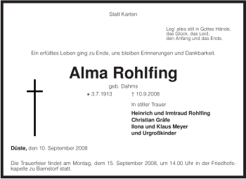 Traueranzeige von Alma Rohlfing von KREISZEITUNG SYKE