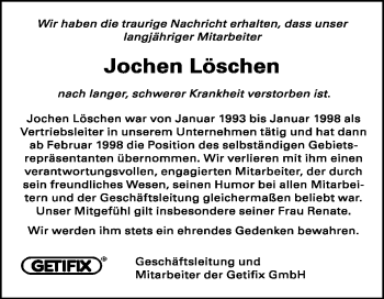 Traueranzeige von Jochen Löschen von KREISZEITUNG SYKE