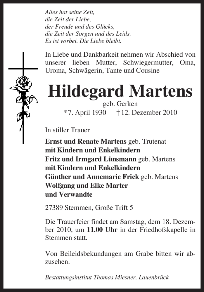  Traueranzeige für Hildegard Martens vom 13.12.2010 aus KREISZEITUNG SYKE