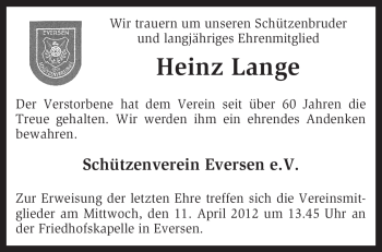 Traueranzeige von Heinz Lange von KREISZEITUNG SYKE