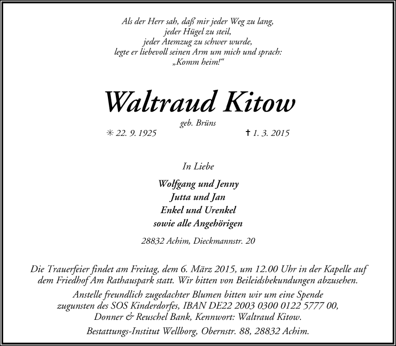  Traueranzeige für Waltraud Kitow vom 04.03.2015 aus KRZ