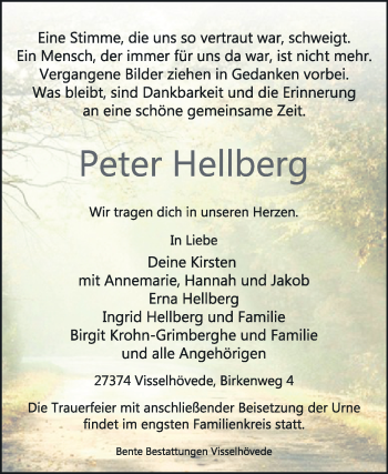 Traueranzeige von Peter Hellberg von KRZ