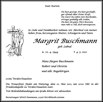 Traueranzeige von Margrit Buschmann von KREISZEITUNG SYKE