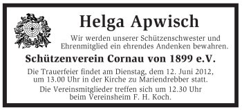 Traueranzeige von Helga Apwisch von KREISZEITUNG SYKE