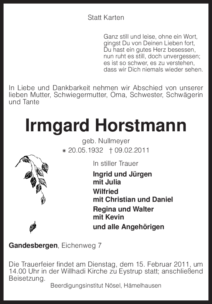  Traueranzeige für Irmgard Horstmann vom 11.02.2011 aus KREISZEITUNG SYKE