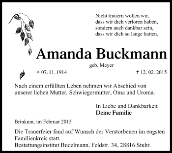 Traueranzeige von Amanda Buckmann von KRZ