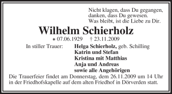 Traueranzeige von Wilhelm Schierholz von KREISZEITUNG SYKE