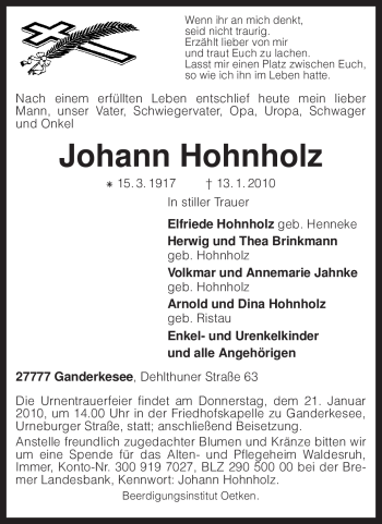 Traueranzeige von Johann Hohnholz von KREISZEITUNG SYKE