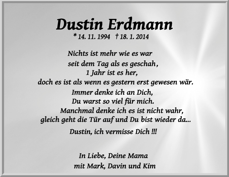  Traueranzeige für Dustin Erdmann vom 24.01.2015 aus KRZ