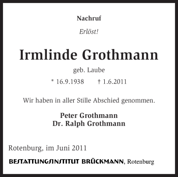 Traueranzeige von Irmlinde Grothmann von KREISZEITUNG SYKE