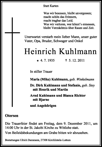 Traueranzeige von Heinrich Kuhlmann von KREISZEITUNG SYKE