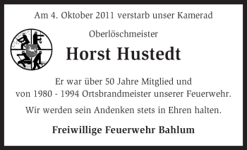 Traueranzeige von Horst Hustedt von KREISZEITUNG SYKE