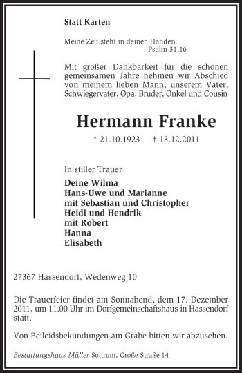 Traueranzeige von Hermann Franke von KREISZEITUNG SYKE