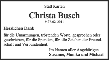 Traueranzeige von Christa Busch von KREISZEITUNG SYKE