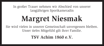 Traueranzeige von Margret Niesmak von KREISZEITUNG SYKE