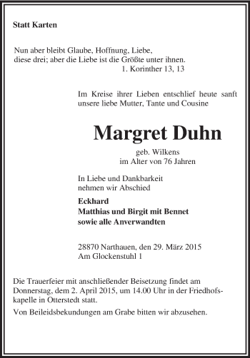 Traueranzeige von Margret Duhn von KRZ