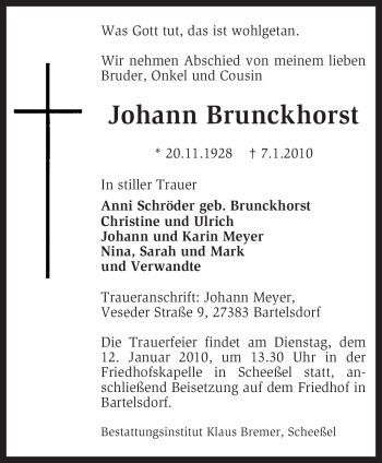 Traueranzeige von Johann Brunckhorst von KREISZEITUNG SYKE