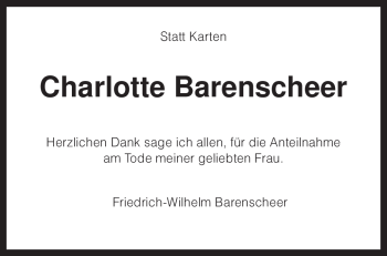 Traueranzeige von Charlotte Barenscheer von KREISZEITUNG SYKE