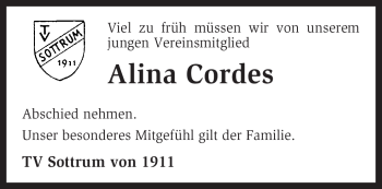 Traueranzeige von Alina Cordes von KREISZEITUNG SYKE