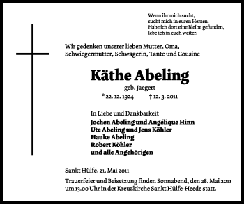 Traueranzeige von Käthe Abeling von KREISZEITUNG SYKE