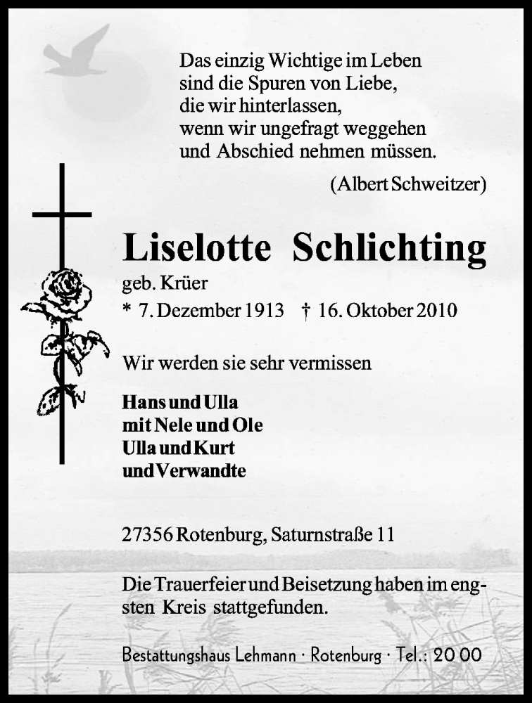  Traueranzeige für Liselotte Schlichting vom 23.10.2010 aus KREISZEITUNG SYKE