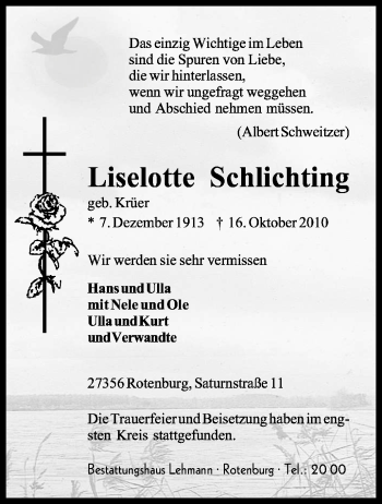 Traueranzeige von Liselotte Schlichting von KREISZEITUNG SYKE