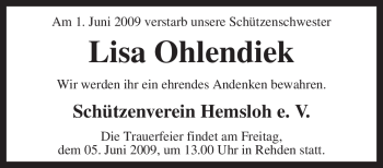 Traueranzeige von Lisa Ohlendiek von KREISZEITUNG SYKE