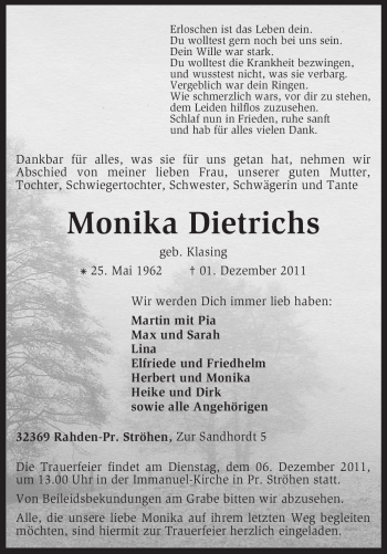 Traueranzeige von Monika Dietrichs von KREISZEITUNG SYKE